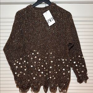Zara Gold and Brown Crew Neck Sweater with Decorative Hem